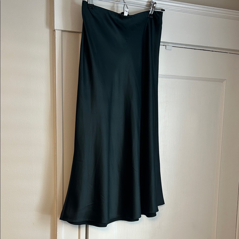 Express dark green satin midi skirt